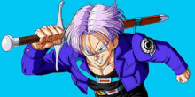 trunks from dragon ball z is holding a sword in his right hand while running .