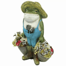 a frog wearing overalls and boots is holding buckets of flowers and gardening tools