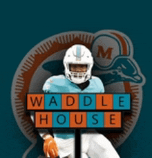 a football player is holding a sign for waddle house