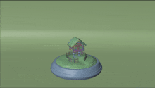 a 3d model of a house with a green roof and a fence around it