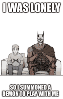 a man and a demon are sitting on a couch playing a video game