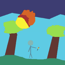 a cartoon drawing of a hamburger with a tree in the background and a blue sky