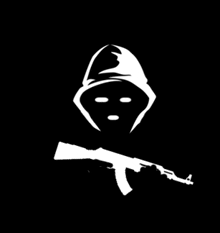 a white silhouette of a person in a hood holding a gun on a black background .