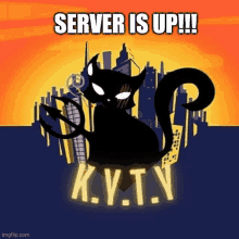 a black cat with a devil tail is sitting in front of a city skyline with the words server is up !