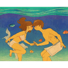 a drawing of a man and a woman kissing in the water