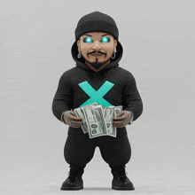 a man wearing a black hoodie with an x on it is holding a pile of money