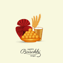 a happy baisakhi greeting card with a plate of food and a glass of water