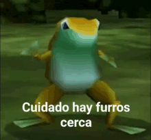 a frog is dancing with the words cuidado hay furros cerca