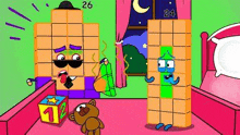 a cartoon of two blocks standing next to each other in a room .