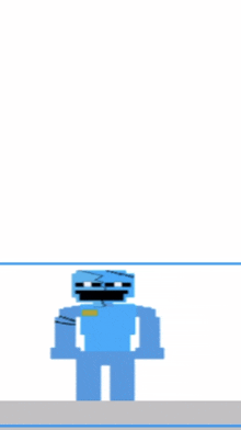 a pixel art drawing of a blue man with a yellow badge on his chest