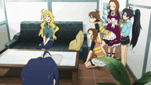 a group of anime girls are gathered around a table with a book on it