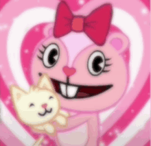 a cartoon squirrel with a pink bow on her head is holding a white cat .