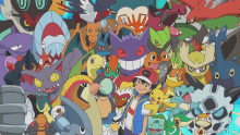 a cartoon of a boy surrounded by pokemon including ash and pikachu