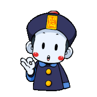 a cartoon character wearing a blue hat with a yellow sticker on it that says ' kim '