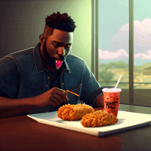 a man is sitting at a table eating fried chicken and drinking a juice that says ' tic ' on it