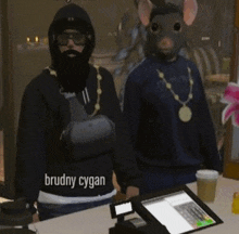 two men wearing mouse masks are standing next to each other in a restaurant .