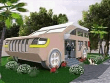 a house that looks like a bus is in the middle of a lush green field .