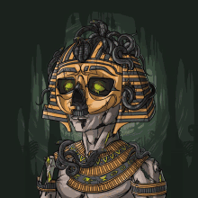 a drawing of a skeleton wearing a pharaoh 's helmet with snakes on it