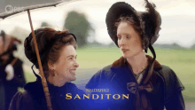 a poster for masterpiece sanditon shows two women laughing and holding umbrellas