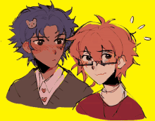 a drawing of a boy with glasses and a blue haired boy with a teddy bear on his head