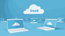 a group of laptops with clouds on their screens and the word daas written above them