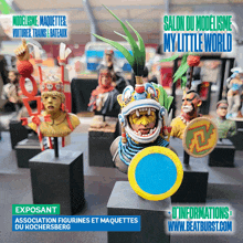 a poster for salon du modelisme my little world shows a group of statues on display