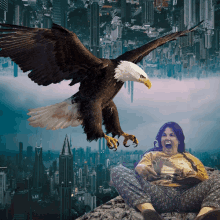 a bald eagle is flying over a woman who is sitting on a rock