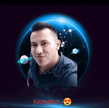 a picture of a man in front of a globe with the name kereenn on the bottom