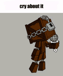 a cartoon character is chained to a box and holding a microphone with the words cry about it above it .