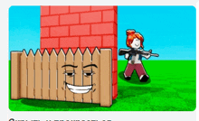 a cartoon character holding a gun behind a wooden fence with a face on it .