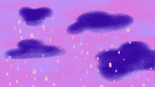 a painting of a purple sky with clouds and rain drops