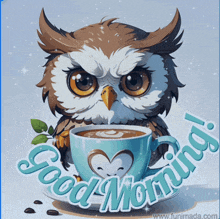 an owl sitting next to a cup of coffee with the words good morning written around it