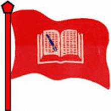 a red flag with a book and a pen on it