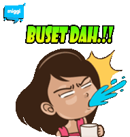 a cartoon of a woman drinking from a cup with the words buset dah written below her