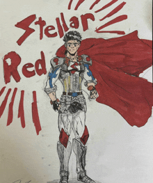 a drawing of a superhero with the words " stellar red " written above him