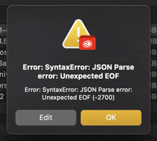 a computer screen displays an error message that says error syntax error json parse error unexpected eof