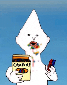 a cartoon character holding a jar of crayons in his hand