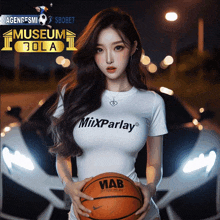 a woman in a mixparlay shirt holds a basketball in front of a white car