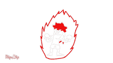 a cartoon drawing of a man with a red hat and a red flame surrounding him .