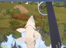 a screenshot of a video game shows a fish on a fishing rod