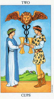 a tarot card showing two cups and a lion