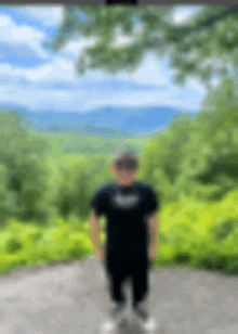 a blurry picture of a person standing on top of a hill with trees in the background .