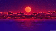 a sunset over a body of water with mountains in the background and a full moon in the sky .