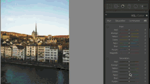 a screenshot of a city with a few buildings next to a screen that says hue saturation luminance all