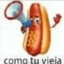 a hot dog is holding a megaphone with the words `` como tu vieja '' below it .