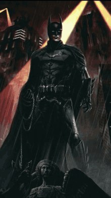 a painting of batman standing in the rain with a statue in the foreground