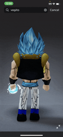 a phone screen shows a cartoon character named vegito with blue hair