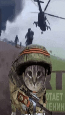 a cat dressed as a soldier is holding a gun in front of a helicopter flying overhead .