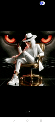 a man in a white suit is sitting in a chair in front of a black cat 's eyes