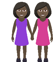 two women in purple and pink dresses holding hands on a white background